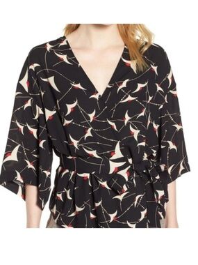Trouvé Black Wrap Kimono Top with Cream and Red Print